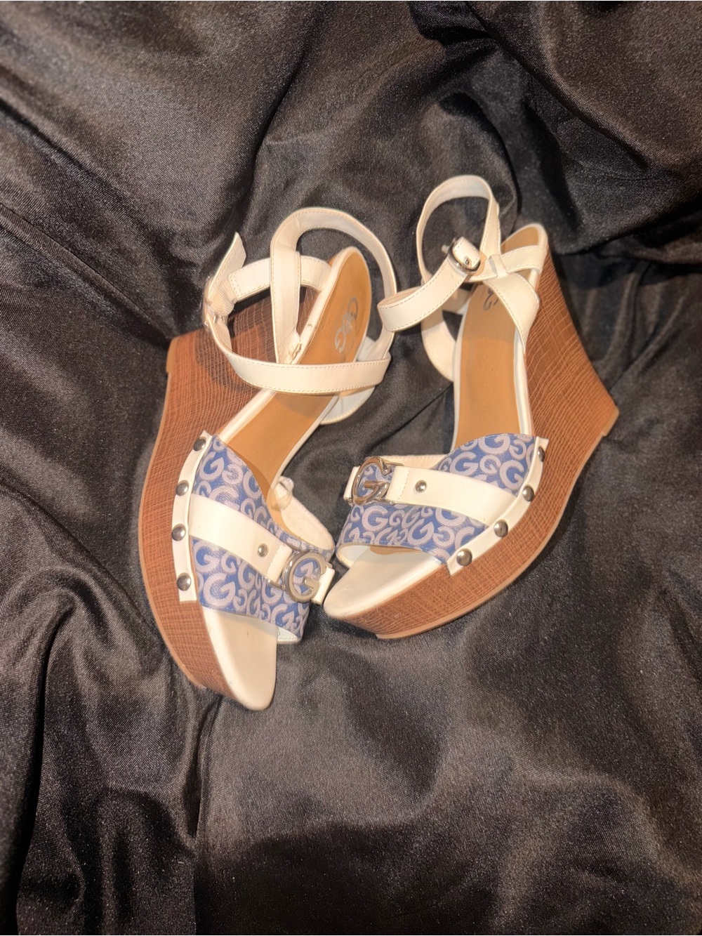 G by Guess White and Blue Logo Print Wedge Sandals